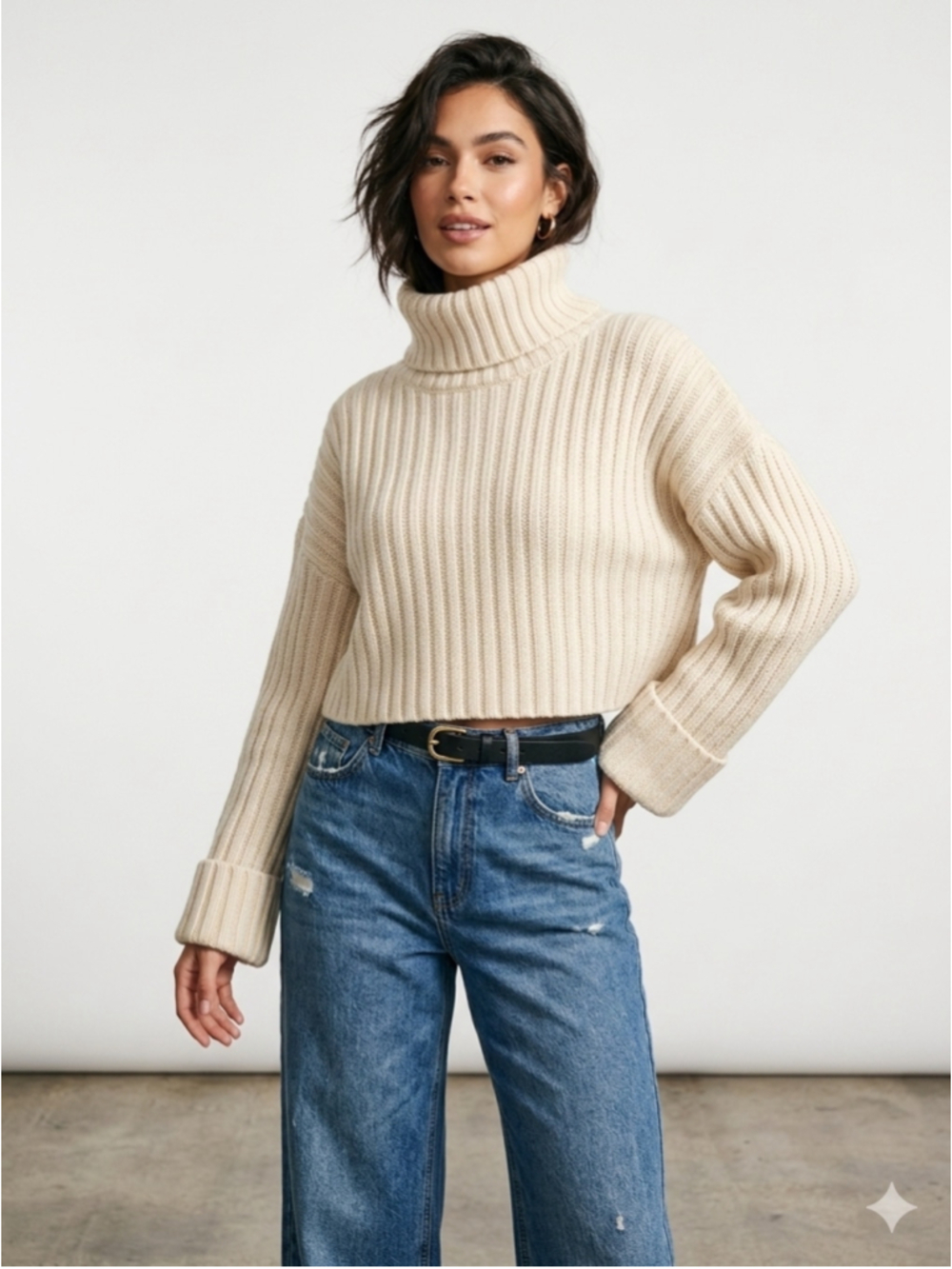 Women's En Saison Renee Thick Ribbed Cropped Turtleneck Sweater Cream Medium 778